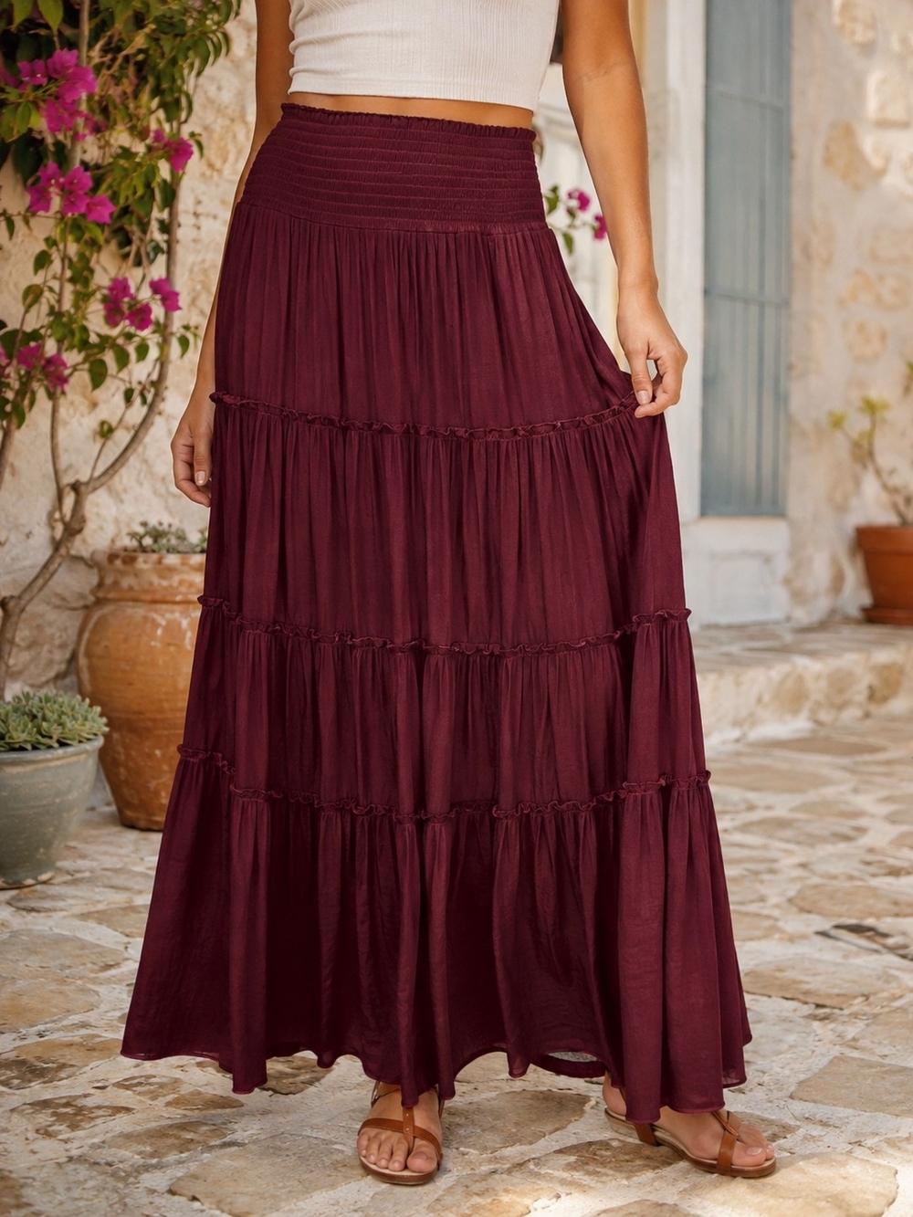 Roz & Ali Womens Small Burgundy Tiered Maxi Skirt Smocked Waist